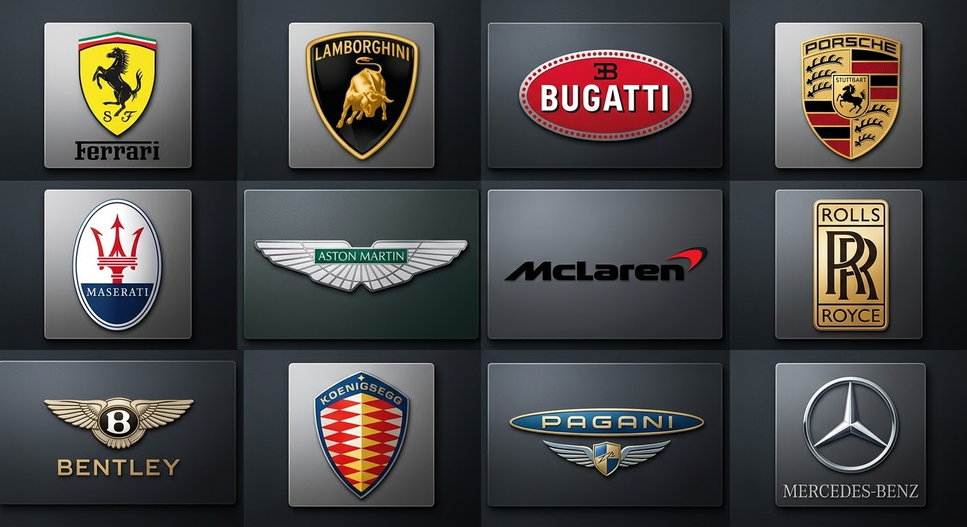Logos of luxury car brands SATHA PRO transports, including Ferrari, Lamborghini, Bugatti, Porsche, Maserati, Aston Martin, McLaren, Rolls-Royce, Bentley, Koenigsegg, Pagani and Mercedes-Benz