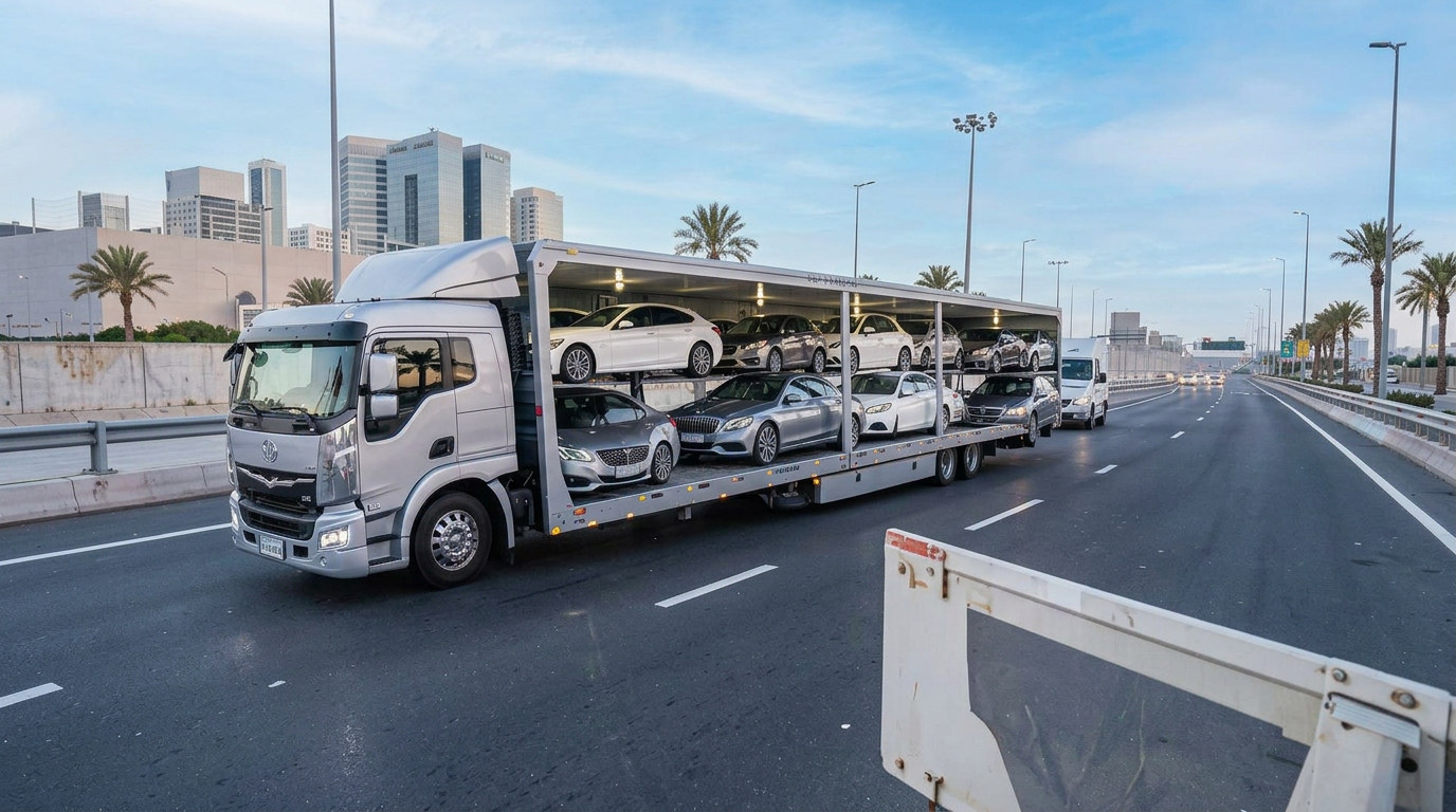 SATHA PRO flatbed tow truck carrying a car in Riyadh